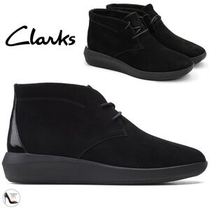 CLARKS TAWNIA LACE UP  BLACK SUEDE ANKLE BOOT Comfortable casual flat bootie 8.5